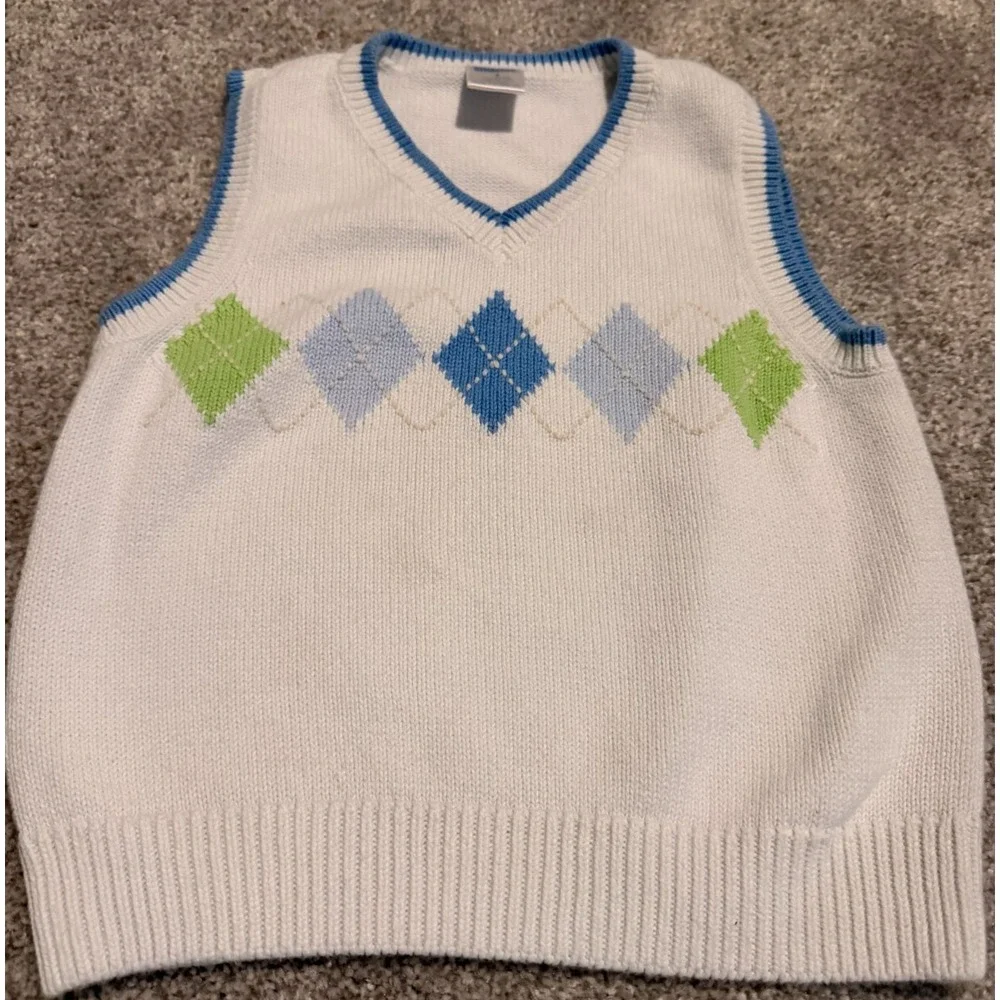 Gymboree Country Club Boys Argyle V-Neck Sweater Vest White Blue Green Sz 3 2006